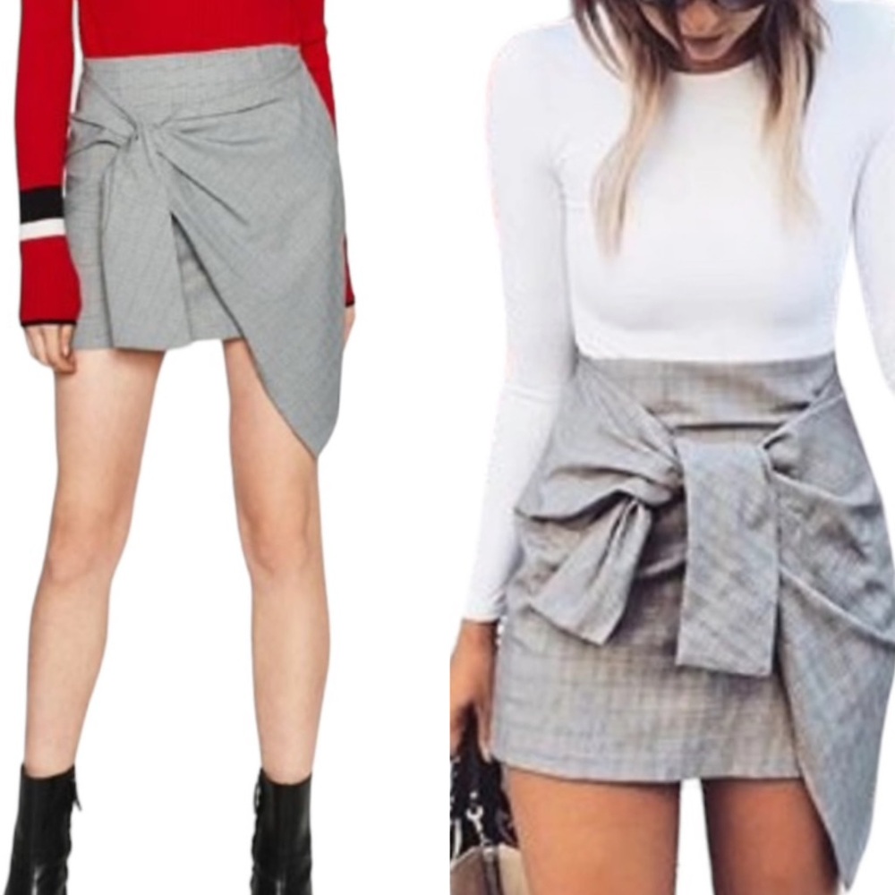 Zara Black White Houndstooth Plaid Ruched Wrap Asymmetrical Mini Skirt - XS